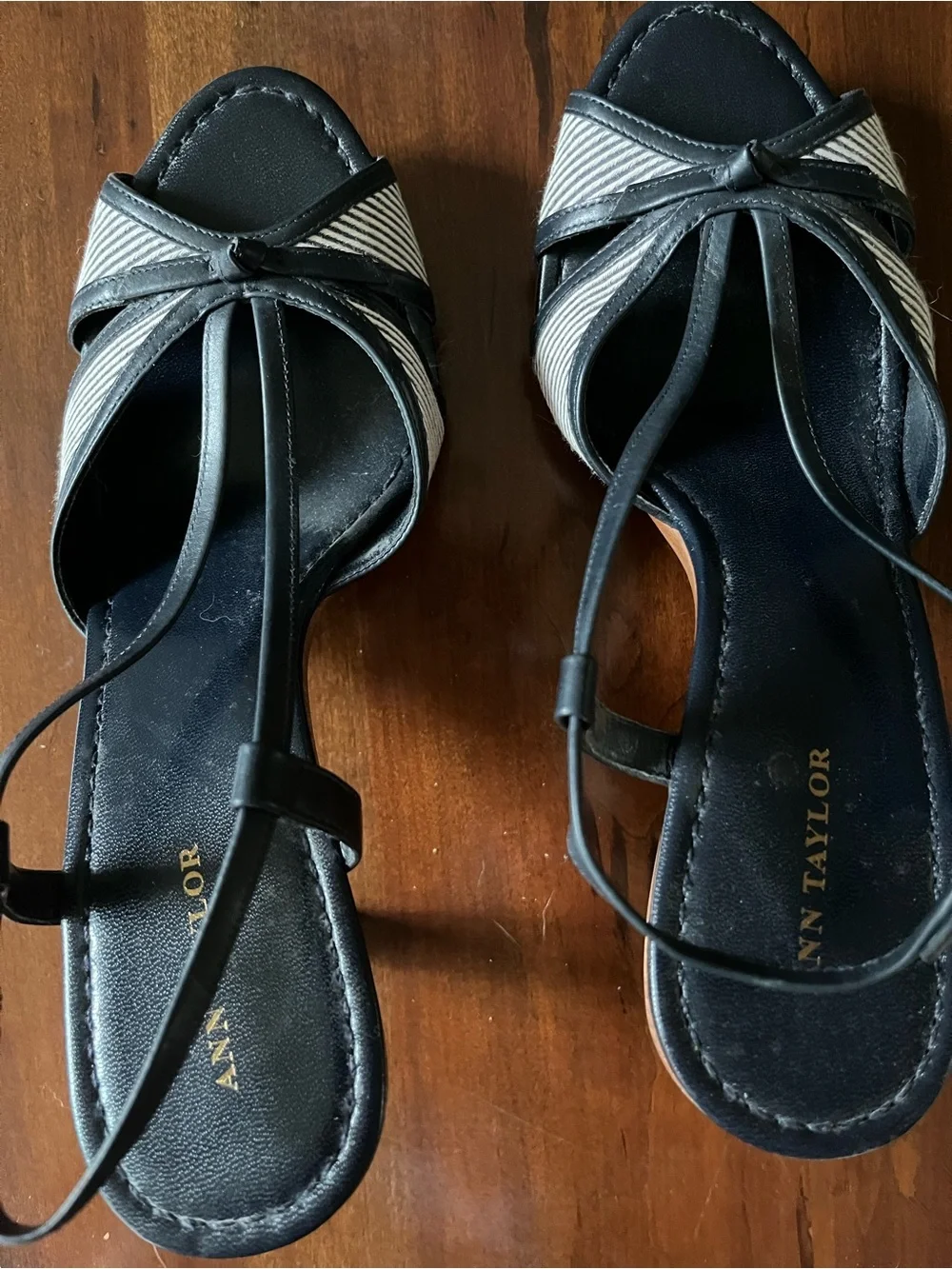 Ann Taylor Navy Strappy Heels with Navy-and-White Striped Toe